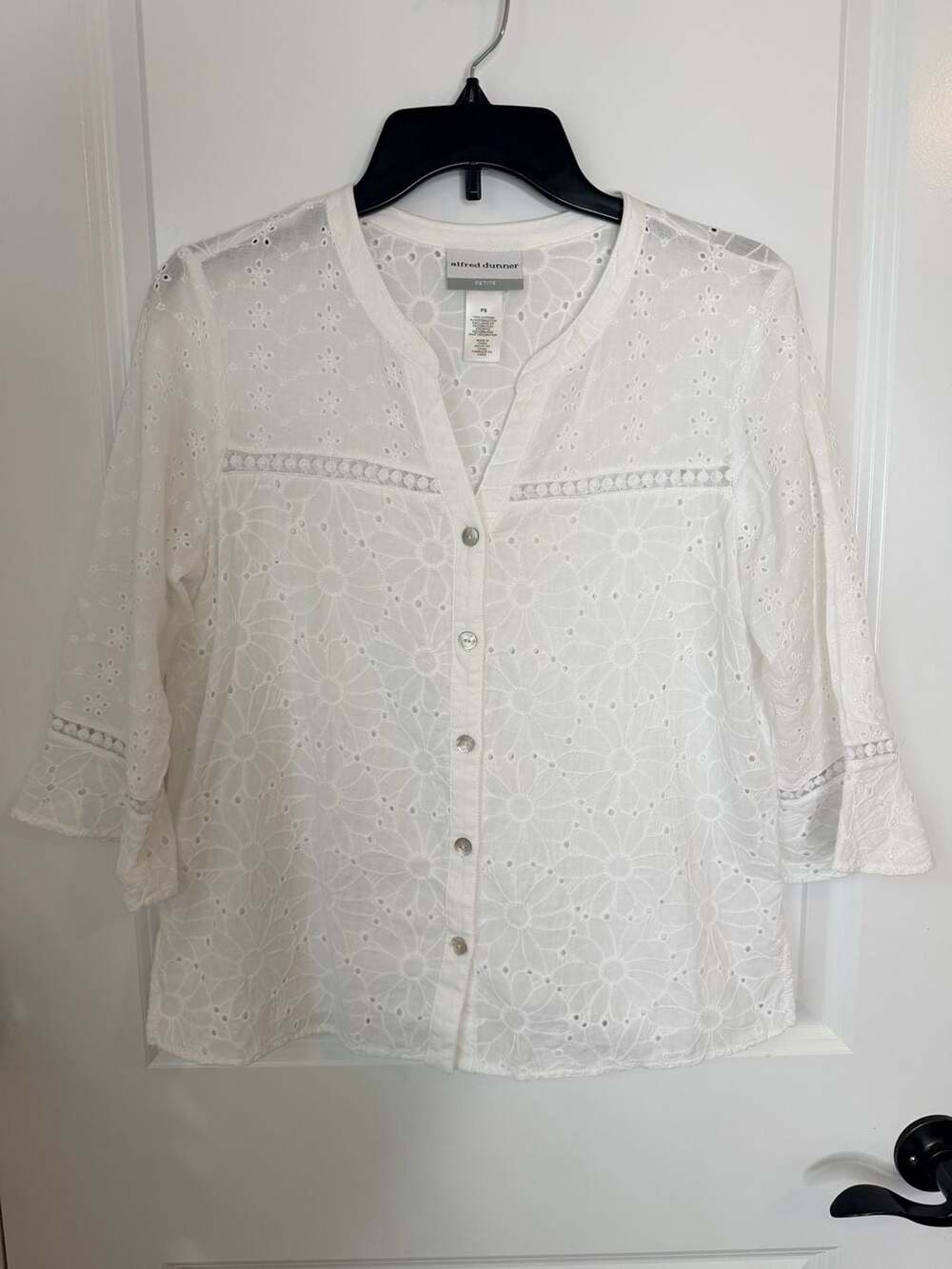 Alfred Dunner Petite White Cotton Eyelet Button-Up Shirt -  Petite Small